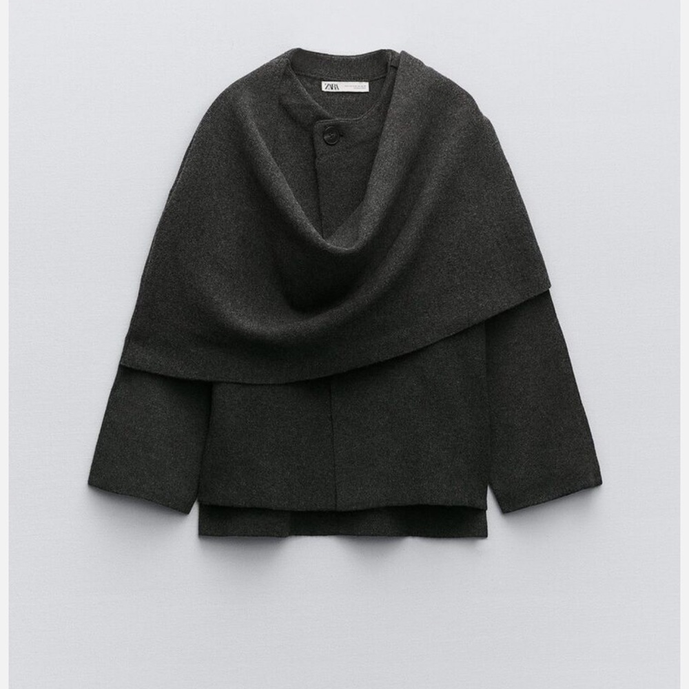 ZARA WOMAN SHORT KNIT COAT WITH ASYMMETRIC SCARF GRAY | 2756/100